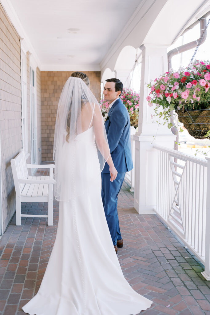 Bride and groom first look on wedding day at Hotel LBI